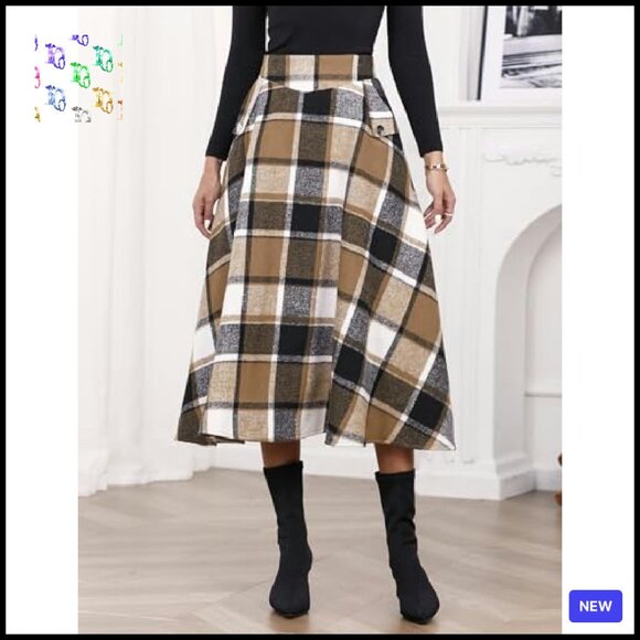 Wool Plaid A-Line Long Skirt High Waisted Classic Fall Winter Chic - Picture 3 of 8
